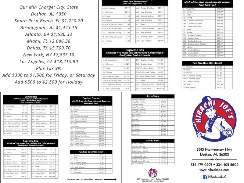 Hibachi Joe's, Dothan, Alabama Menu