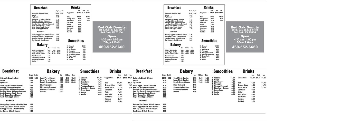 Red oak donuts Menu