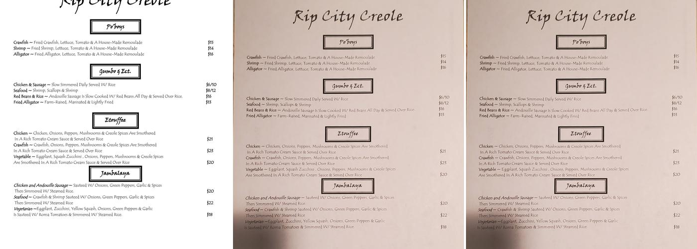 Rip City Creole Menu