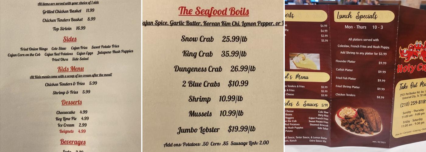 Holy Crab Menu