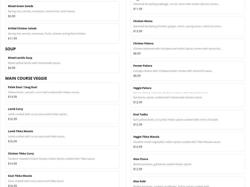 Kavya Indian and Nepalese Cuisine Menu