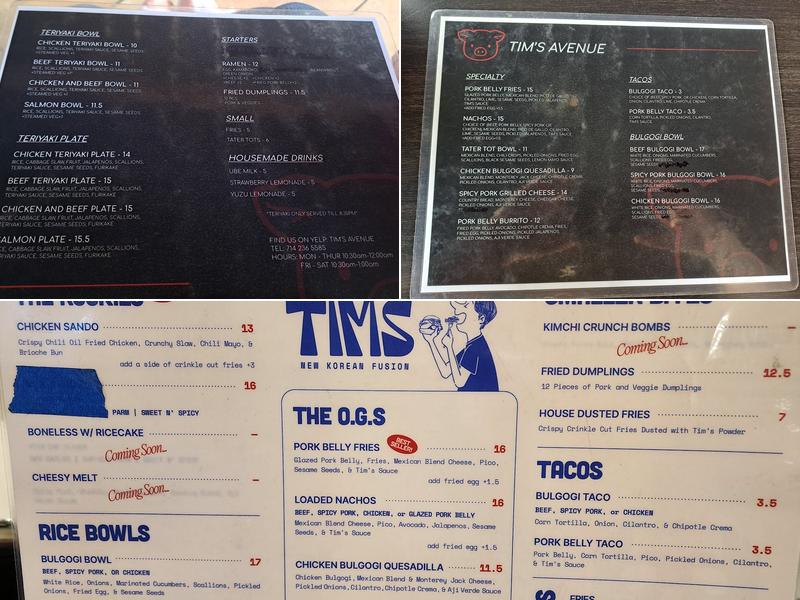 Tim’s Avenue Menu