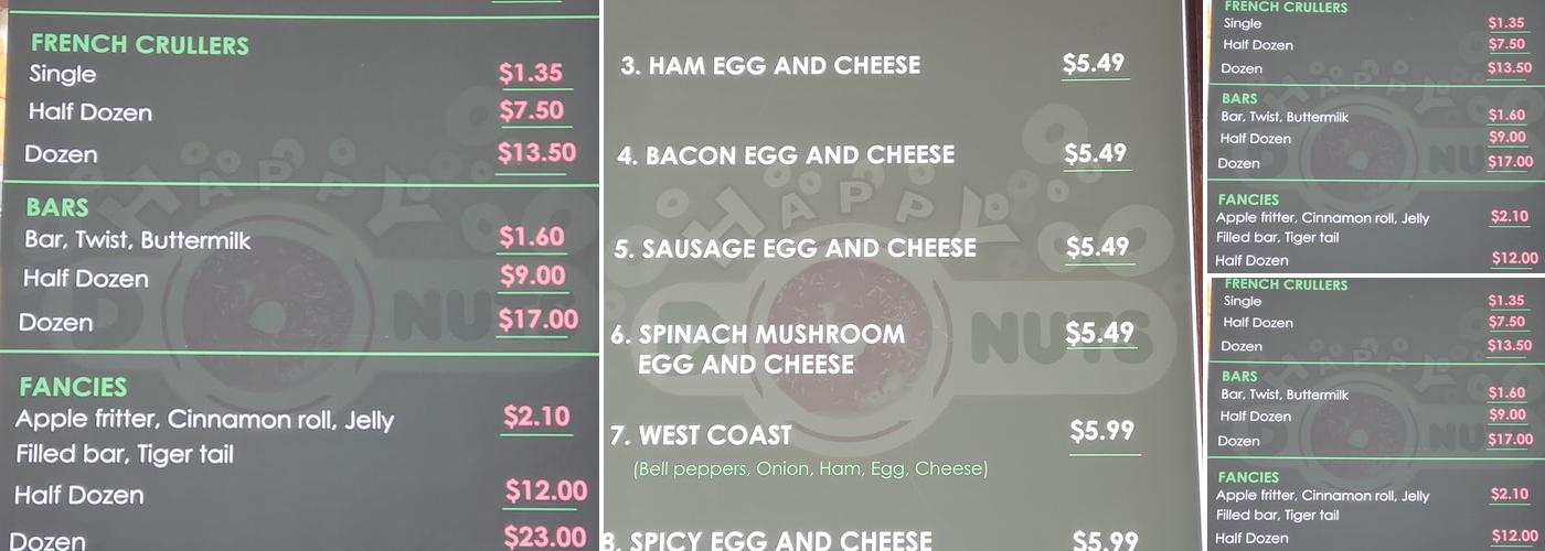 Happy donuts Menu