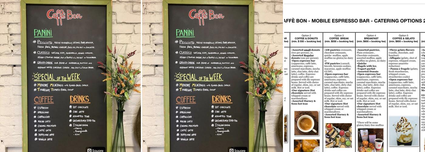 Caffè Bon, LLC Menu