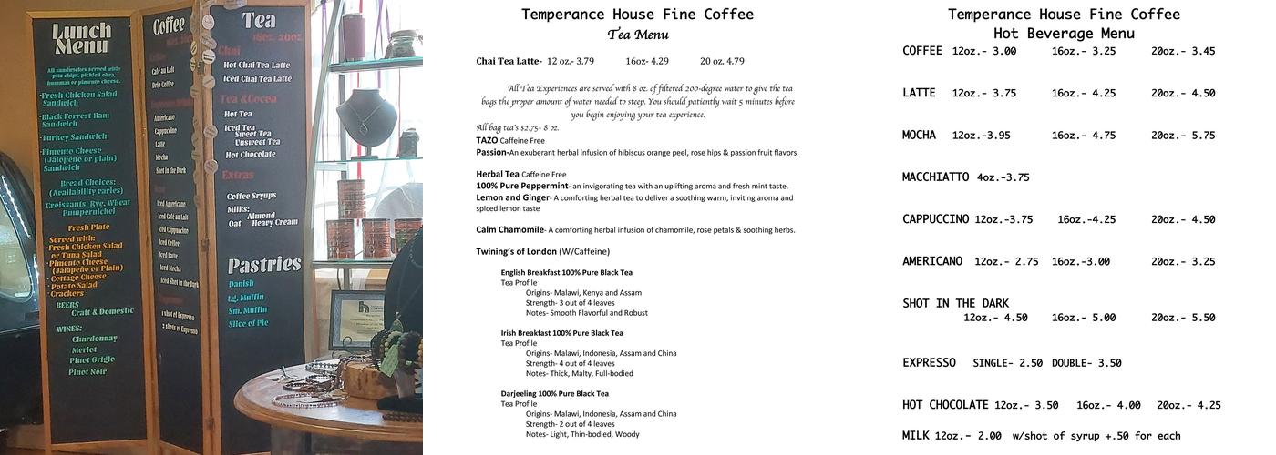 Temperance House Fine Coffee Menu