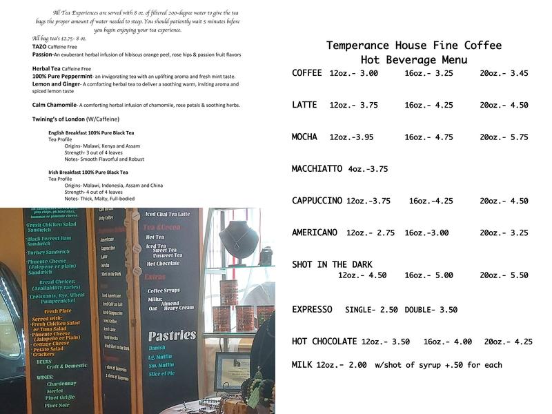 Temperance House Fine Coffee Menu
