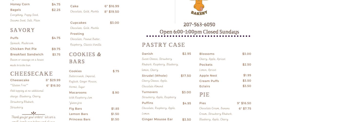 Ginger Mousse Bakery Menu