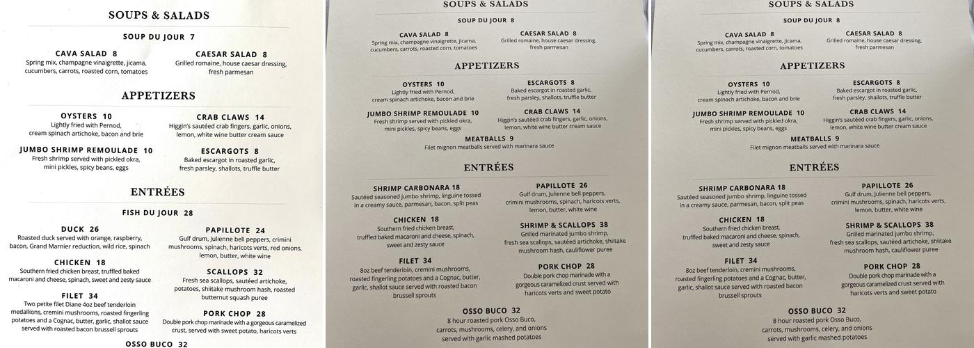 Cava Bistro Menu