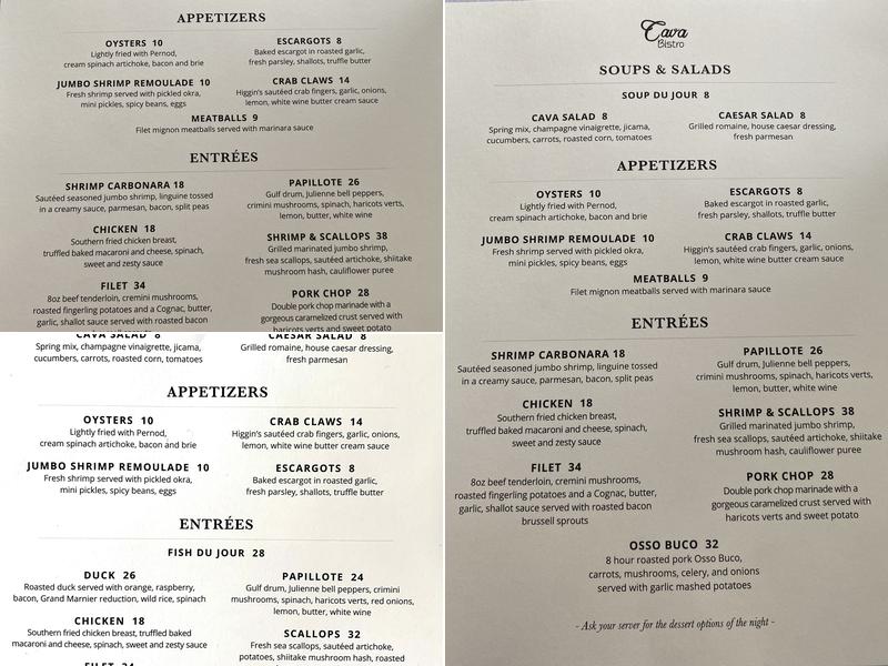 Cava Bistro Menu