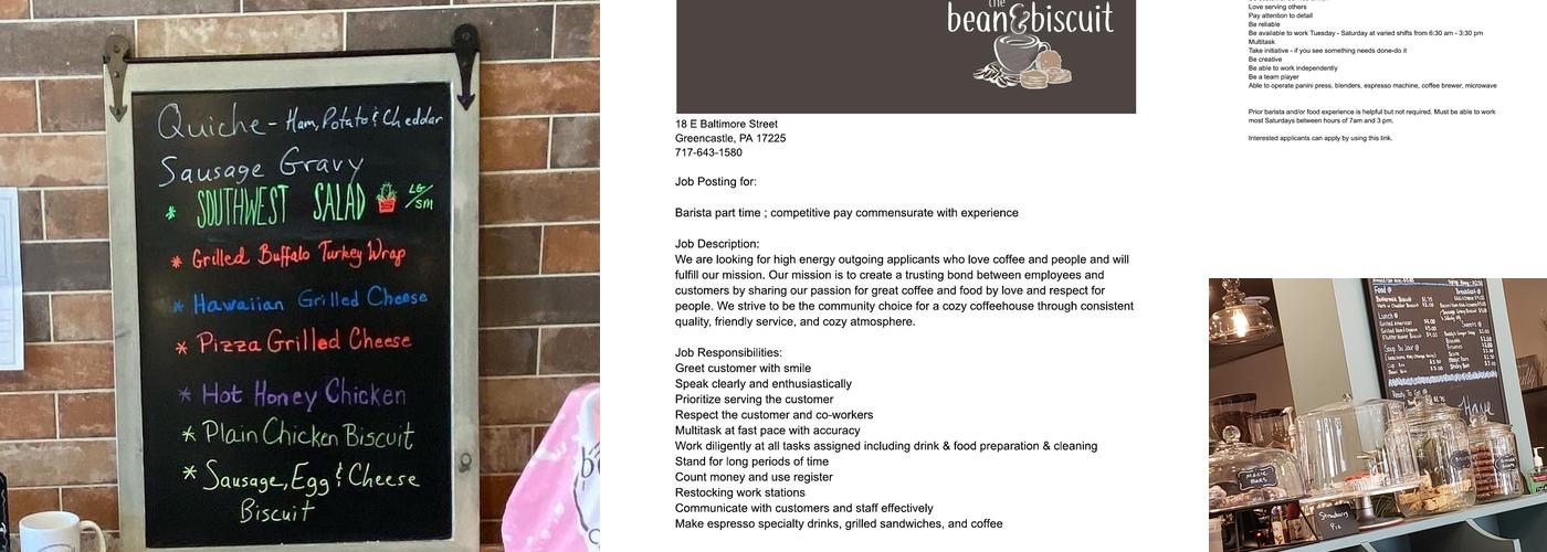 The bean & biscuit Menu