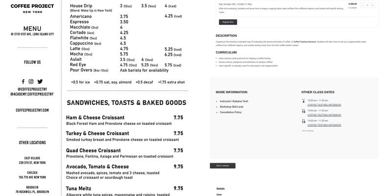 Academy at Coffee Project NY Menu