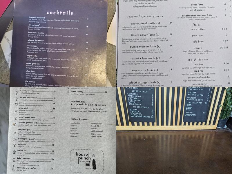 Parable Cafe Menu