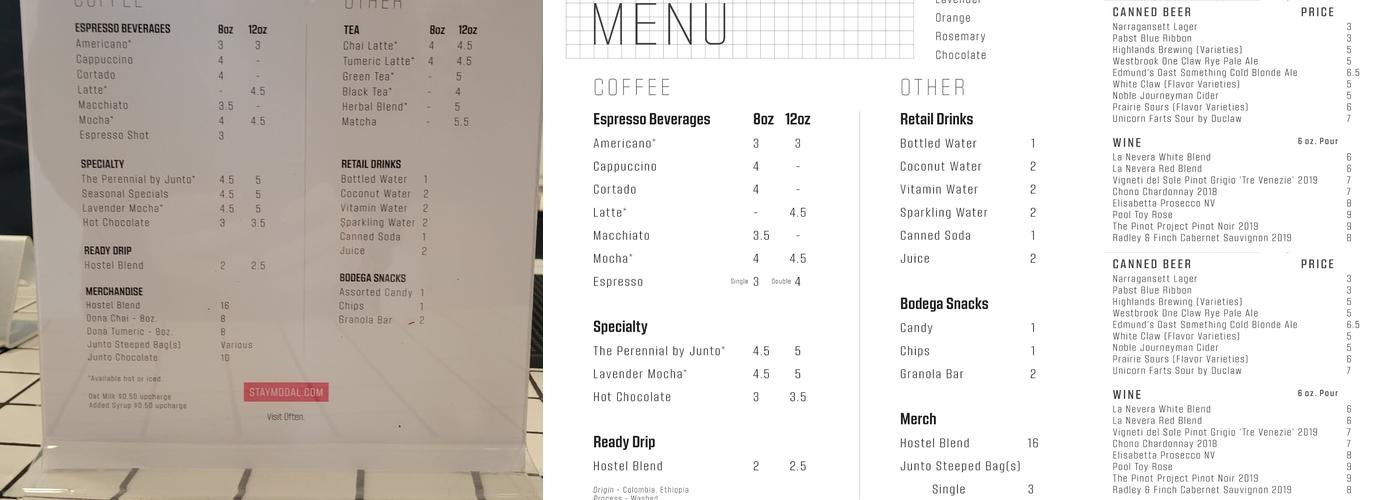 Modal - Hostel and Coffee Menu