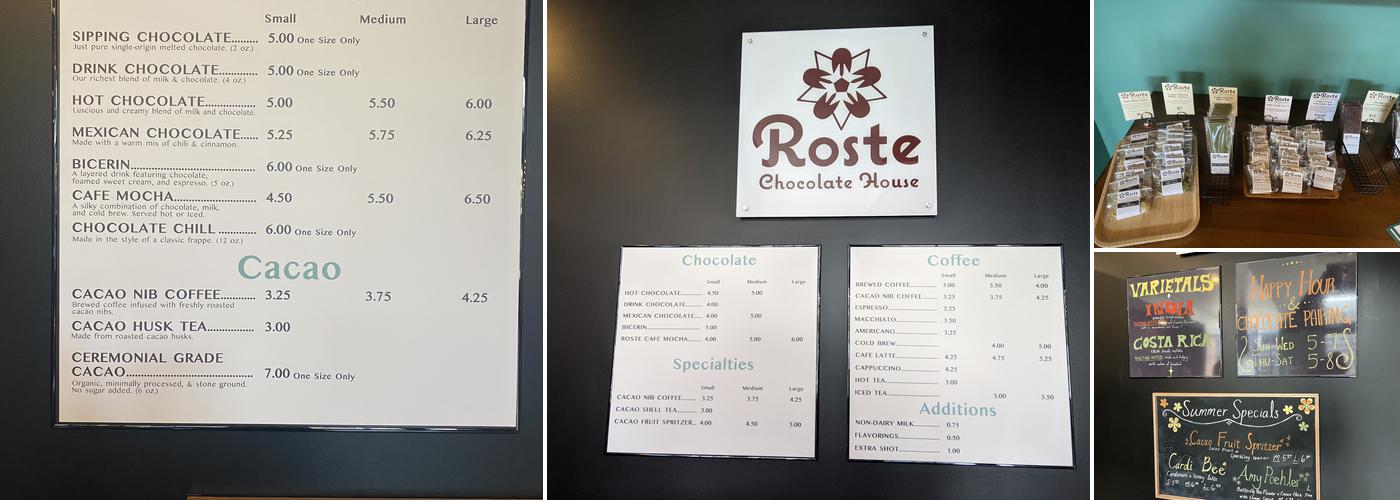 Roste Chocolate House Menu