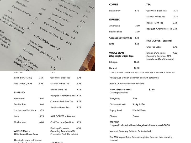 1a Coffee Roasters Menu