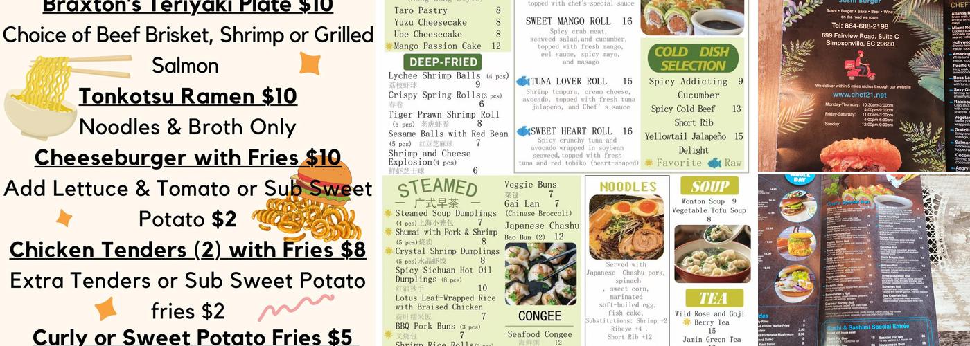 Chef 21 Sushi Burger Simpsonville Menu