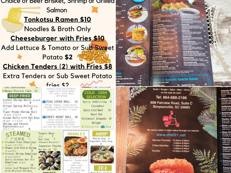 Chef 21 Sushi Burger Simpsonville Menu