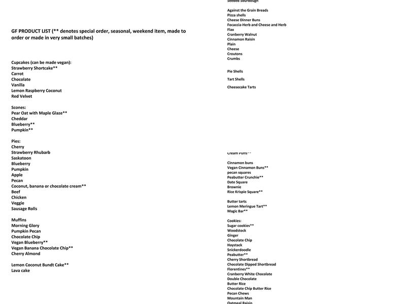 Lakeview Gluten Free Bakery Menu