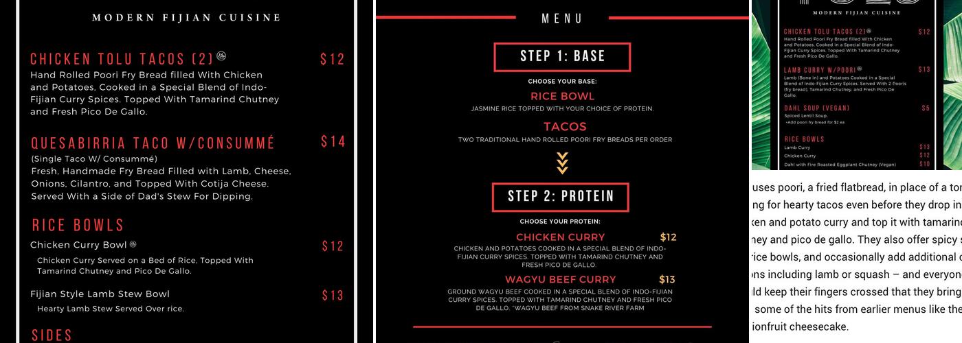Tolu: Modern Fijian Cuisine Menu