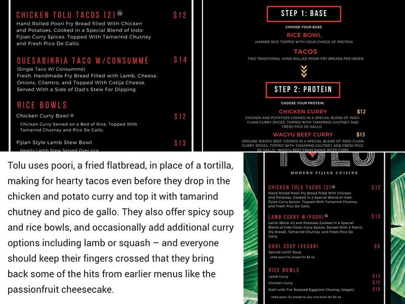 Tolu: Modern Fijian Cuisine Menu