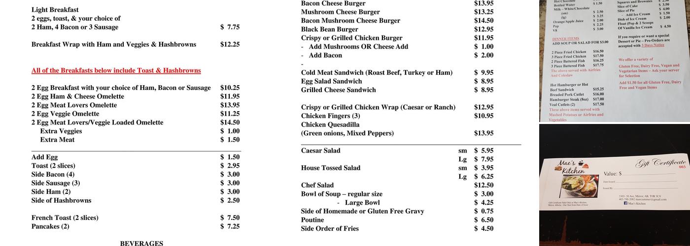 Mae's Kitchen Menu
