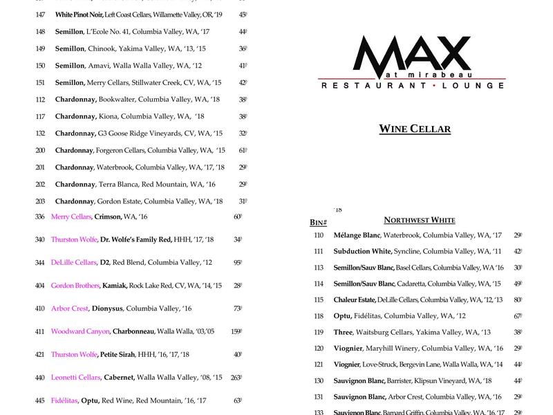 MAX at Mirabeau Menu