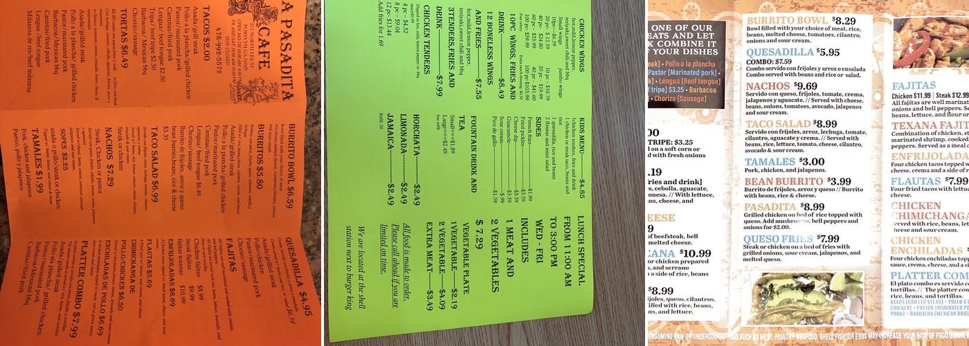 La Pasadita cafe Menu