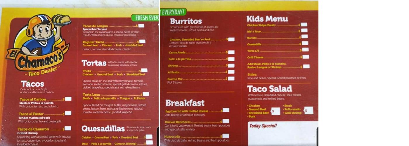 Chamaco's. Menu