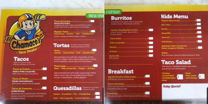 Chamaco's. Menu