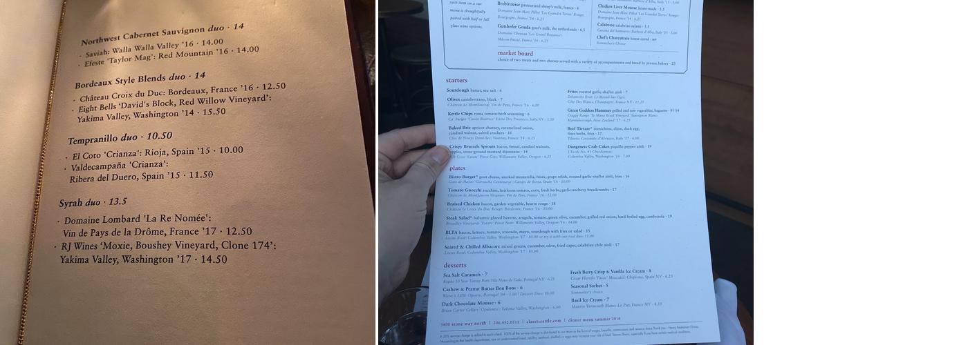 Claret Wine Bar Menu