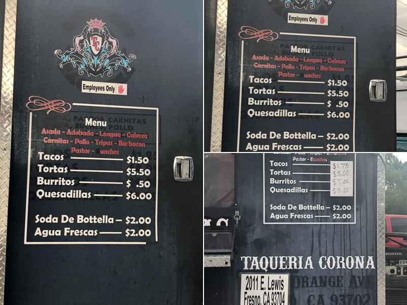 Tacos Corona Truck Menu