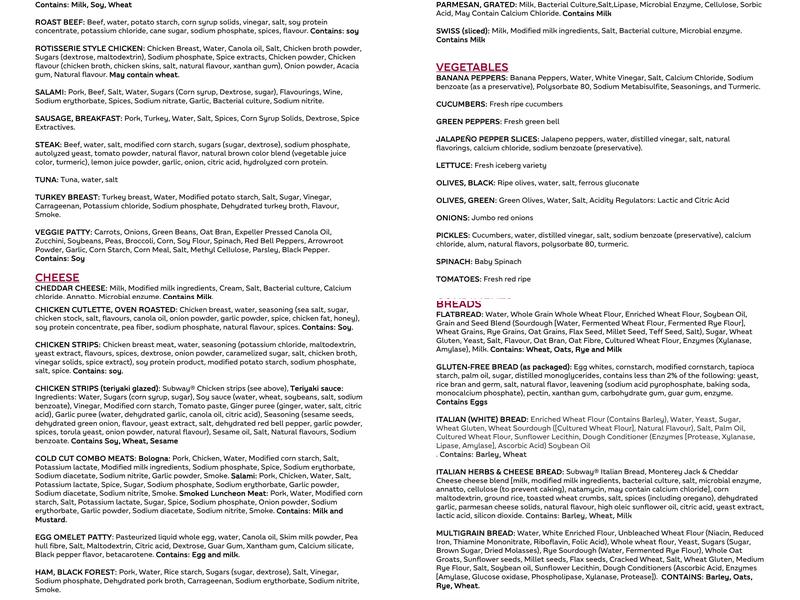 Subway Menu