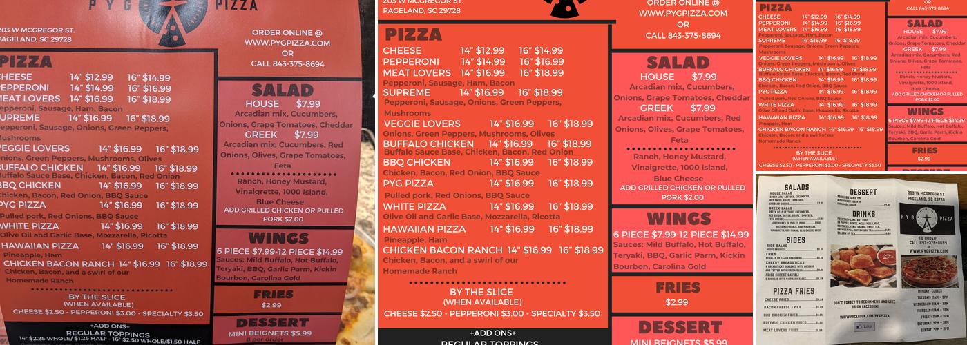 PYG Pizza Menu