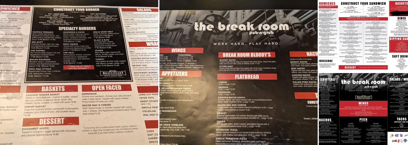 The Break Room Pub n Grub Menu