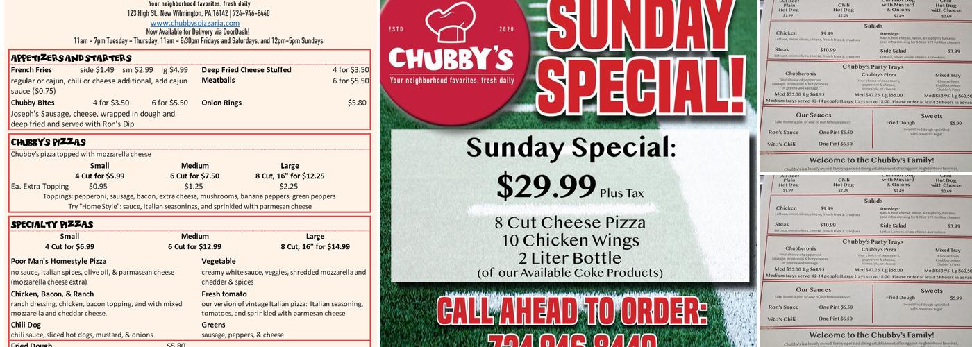 Chubby’s Pizzaria Menu