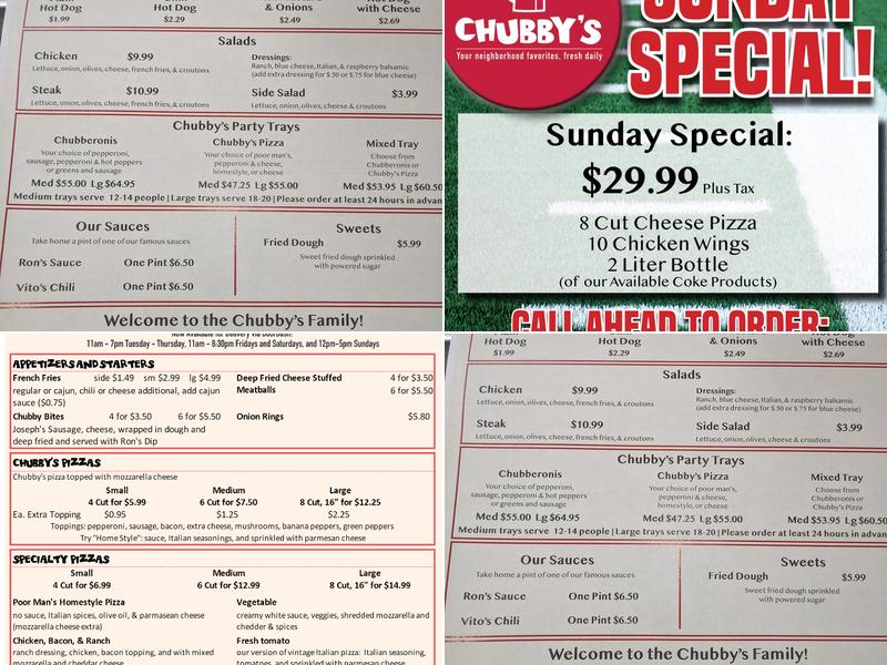 Chubby’s Pizzaria Menu