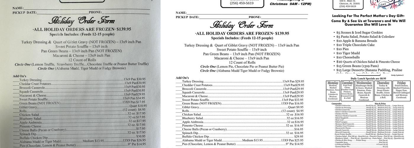 Tewana’s Cafe Menu