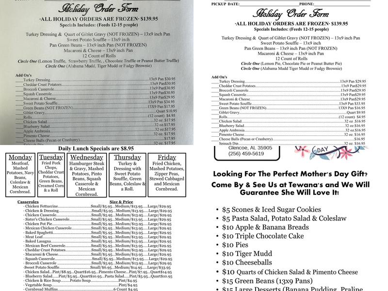 Tewana’s Cafe Menu