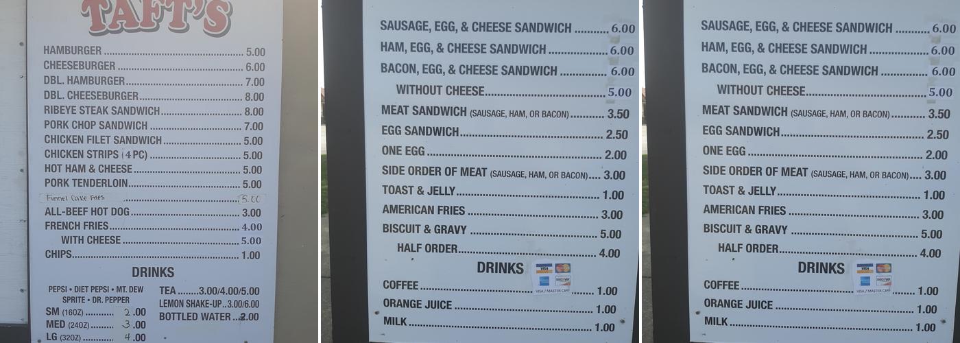 Taft's Menu