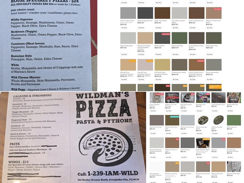 Wildman's pizza, pasta and pythons Menu