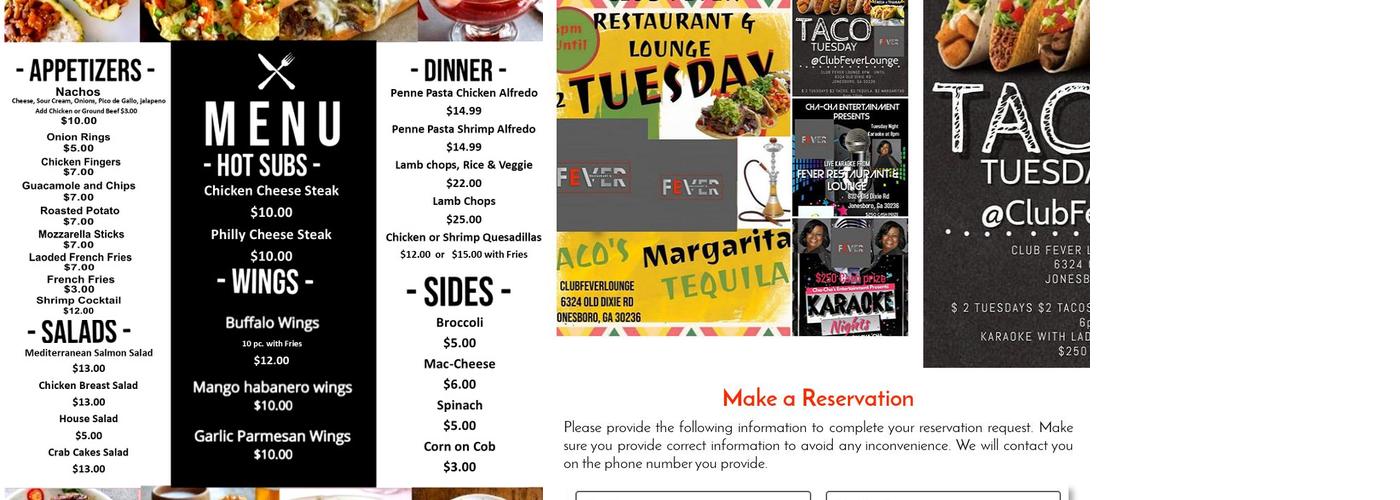 Club Fever Lounge Menu