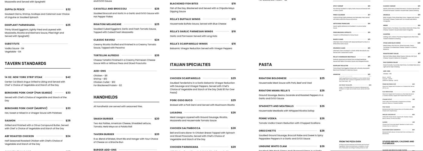 Rella's Italian Tavern Menu