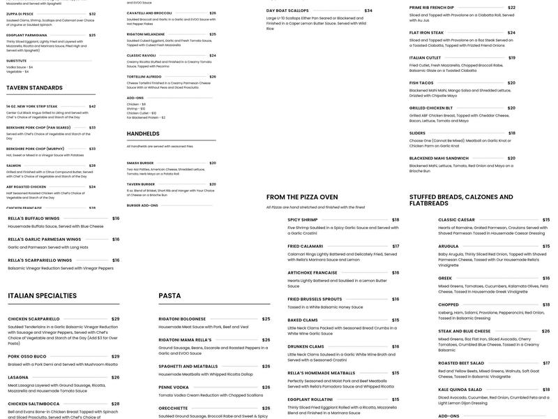 Rella's Italian Tavern Menu