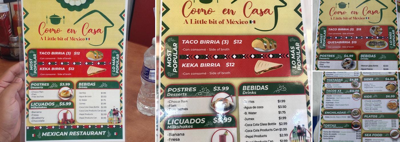 Como en Casa Tacos y Quesadillas Mexican Restaurant Menu