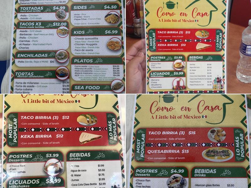 Como en Casa Tacos y Quesadillas Mexican Restaurant Menu