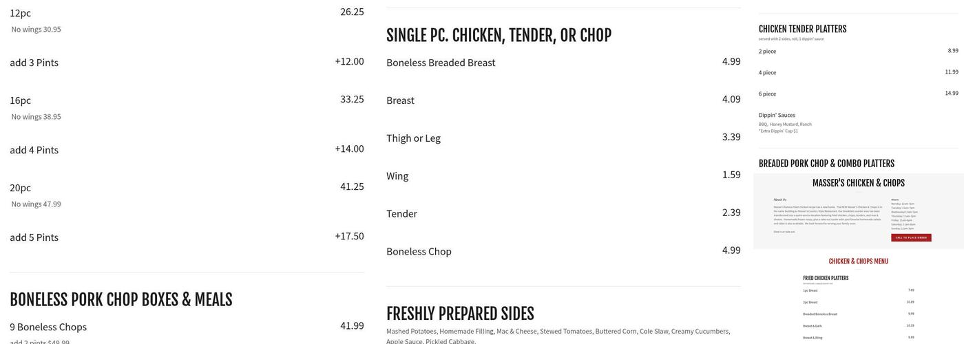 Masser's Chicken & Chops Menu