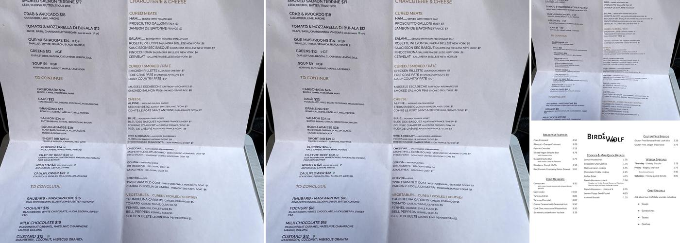 Bird & Wolf - Café + Bakehouse / Bar + Chop Menu