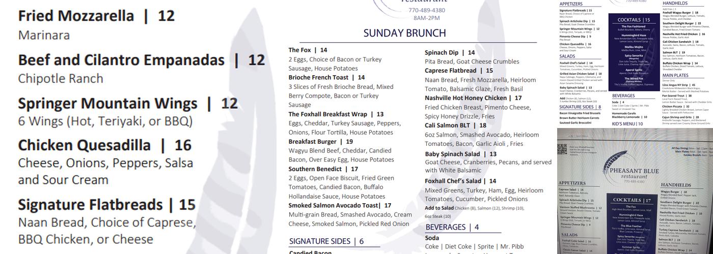 Pheasant Blue Menu