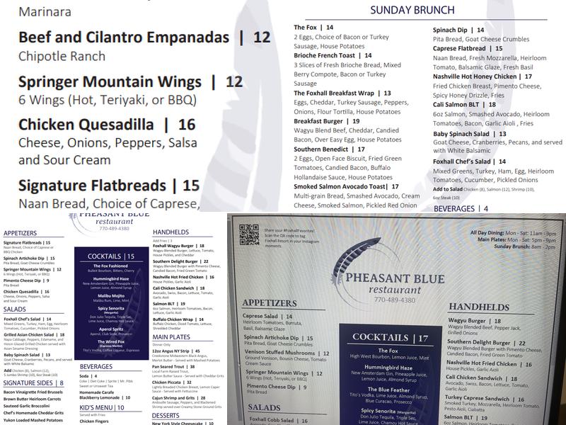 Pheasant Blue Menu