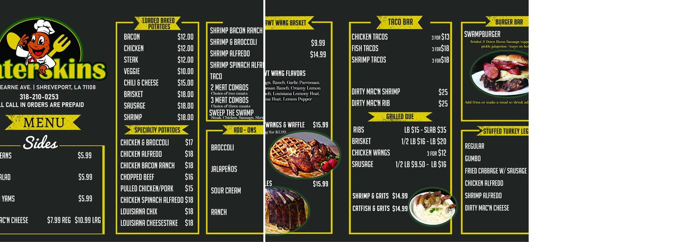 Taterskins Menu